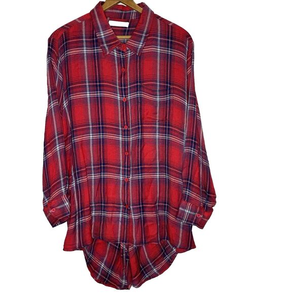 Keren Hart Blouse Tunic Plaid Button Split Back Long Sleeves Red Blue Womens XL - Picture 1 of 11
